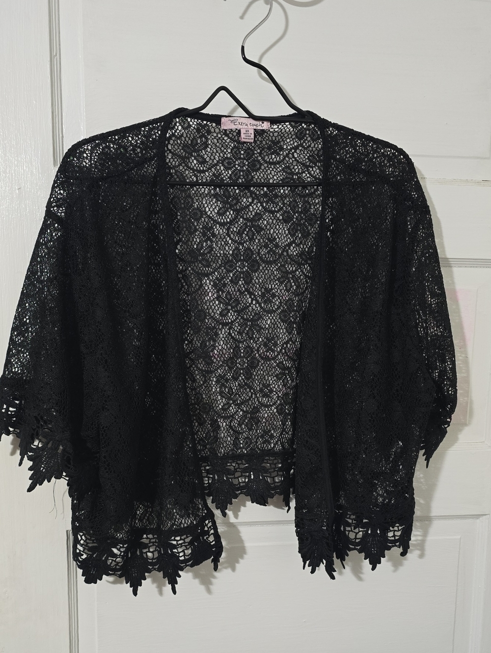 Extra Touch Black Lace Open-Front Shrug with Scalloped Trim